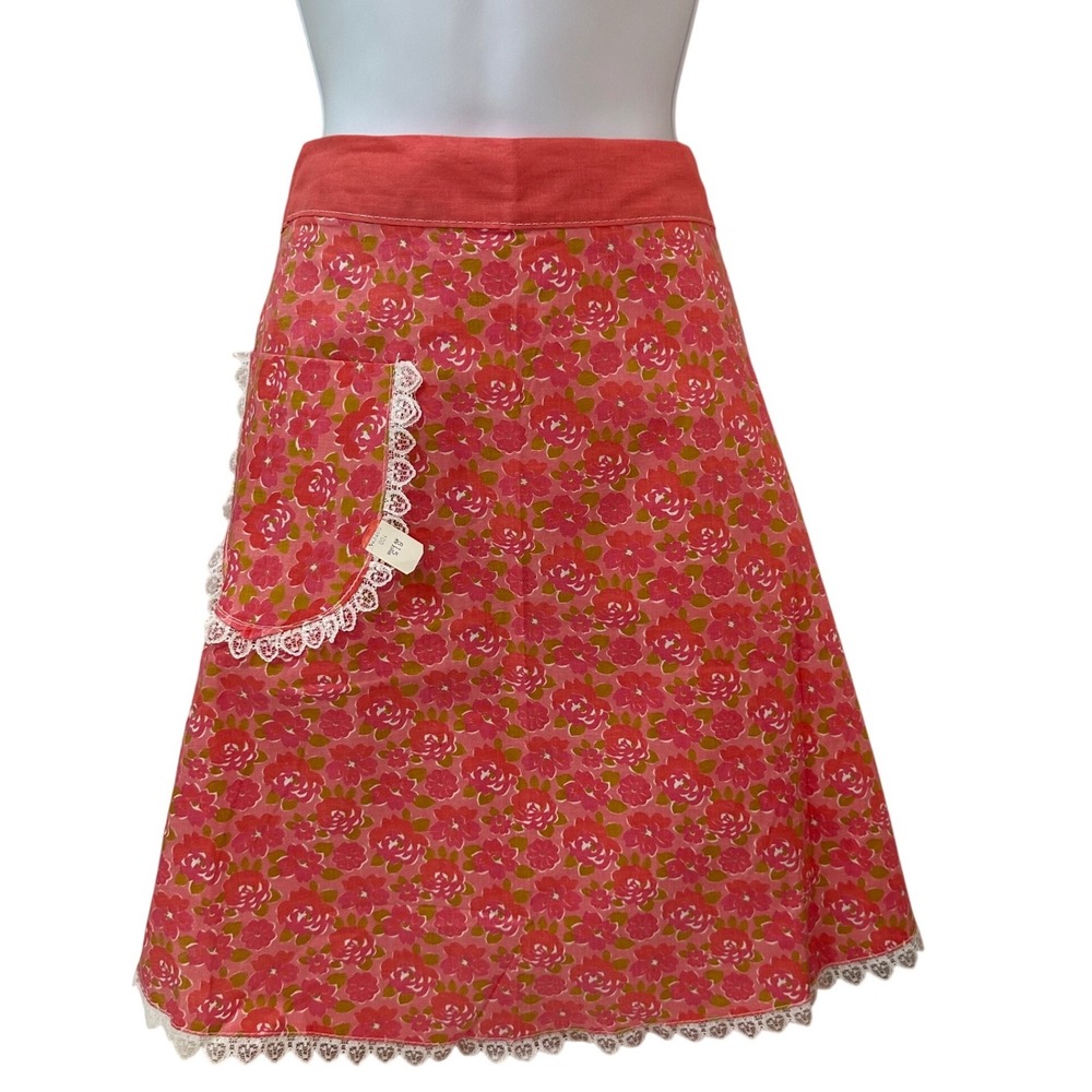 Vintage Pink Floral Cotton Half Apron Lace Trim Pocket RN 25465 NWT Retro 60s